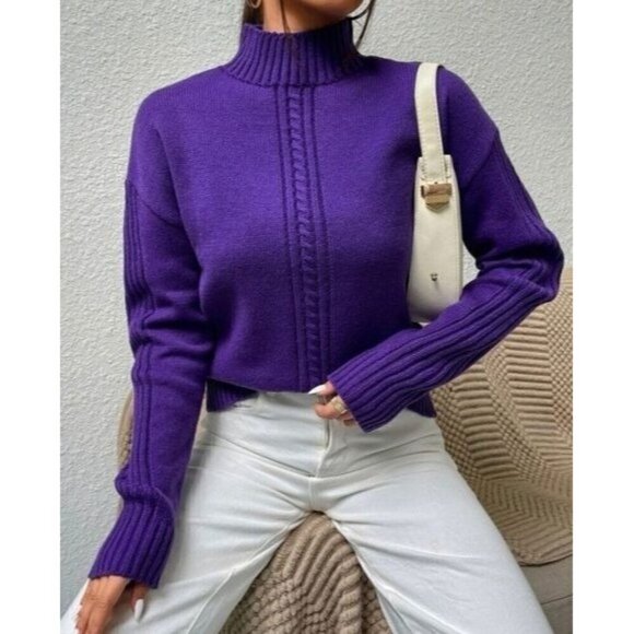 Casual Purple Round Neck Pullovers Cable kint - Picture 6 of 6